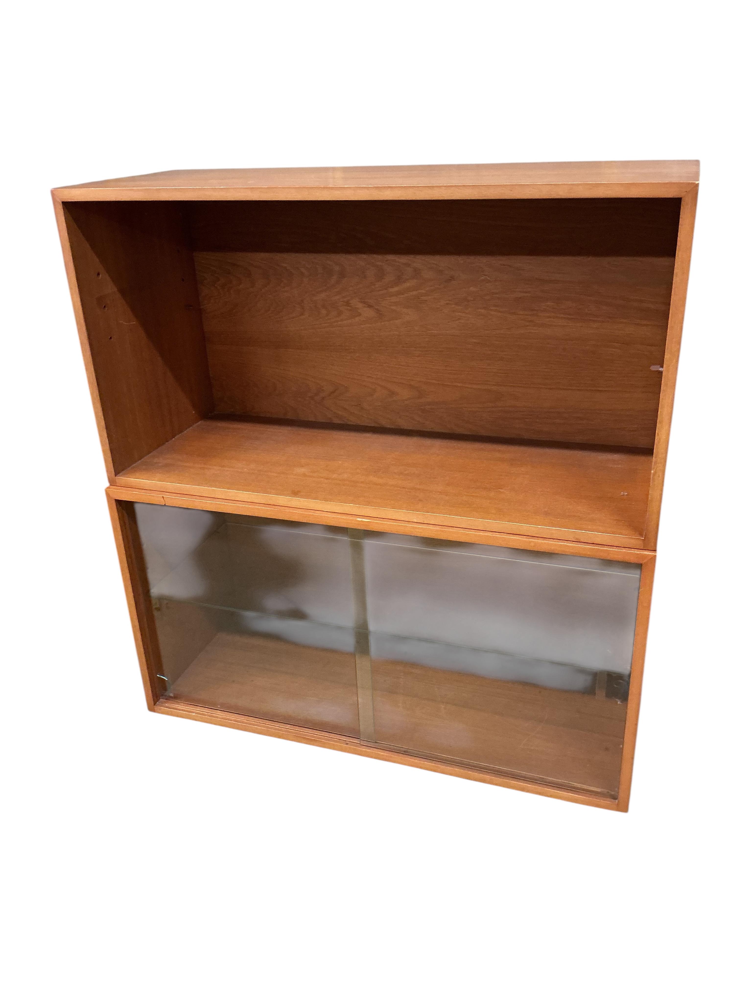 A Ladderax cupboard unit with glass door and a shelf and a unit, width 89cm, depth 35cm, height 48cm